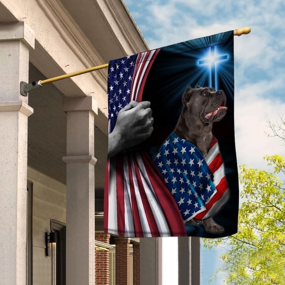 Hand Pulling USA Flag Cane Corso Dog Wearing Flag American Standing under Cross Christian Patriotic House Flag (3x5) Double Sided- Premium Polyester-Decorative Indoor Outdoor Flag