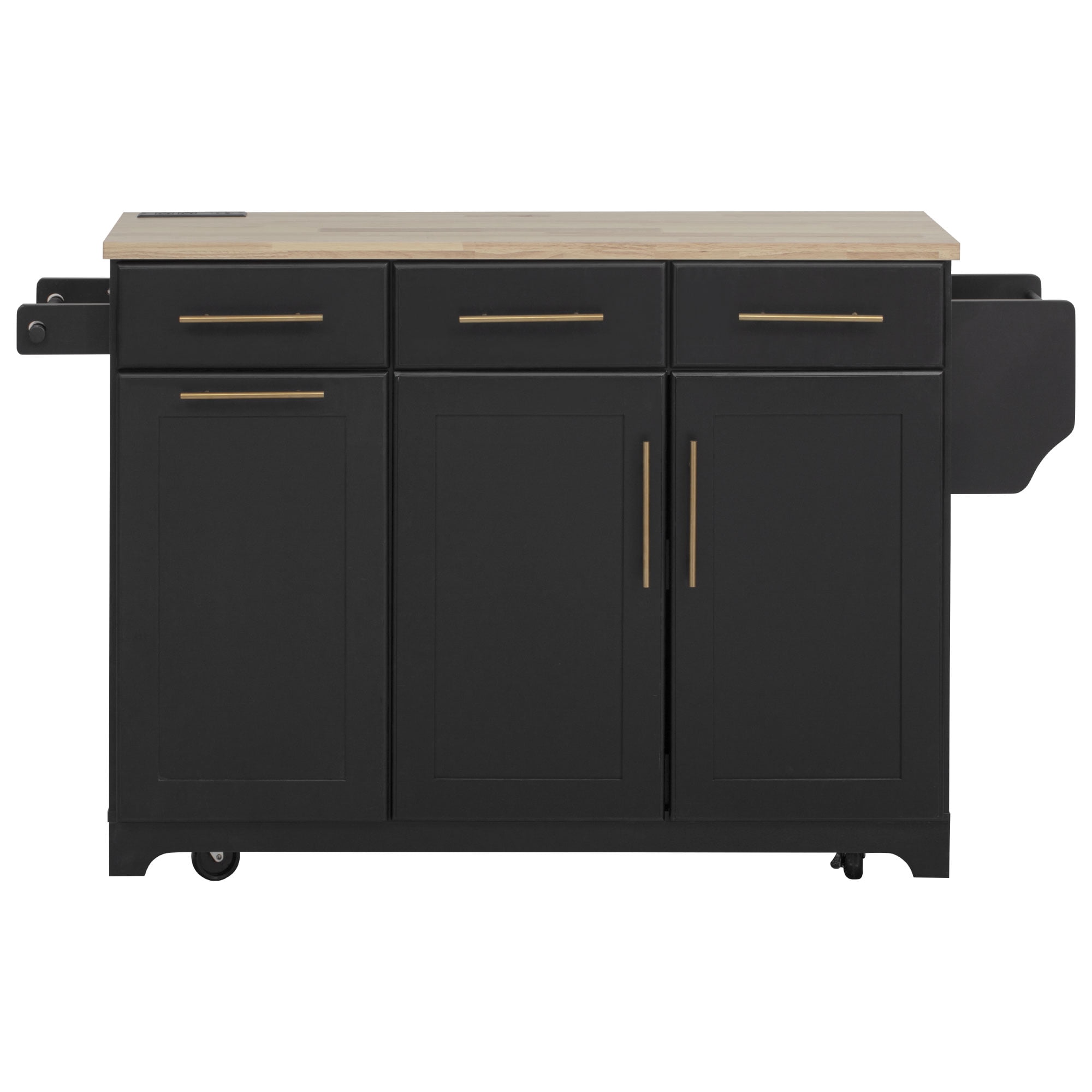 Homy Casa Kitchen Island Cart with Storage Drawers, Foldable Rubberwood Top & Charging Station - Black
