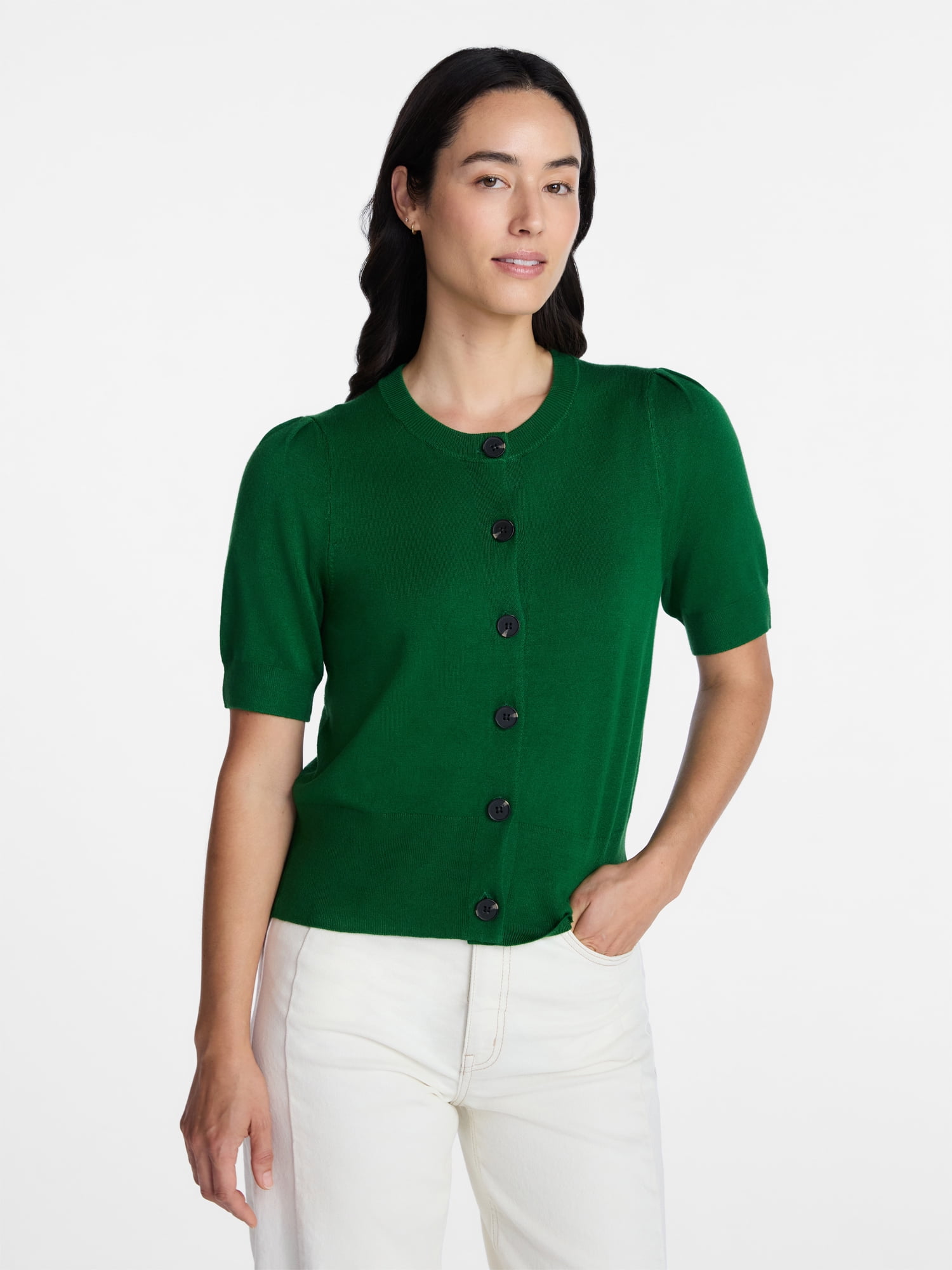 Time and Tru Women's Crewneck Cardigan with Short Sleeves, Lightweight, Sizes XS-XXXL