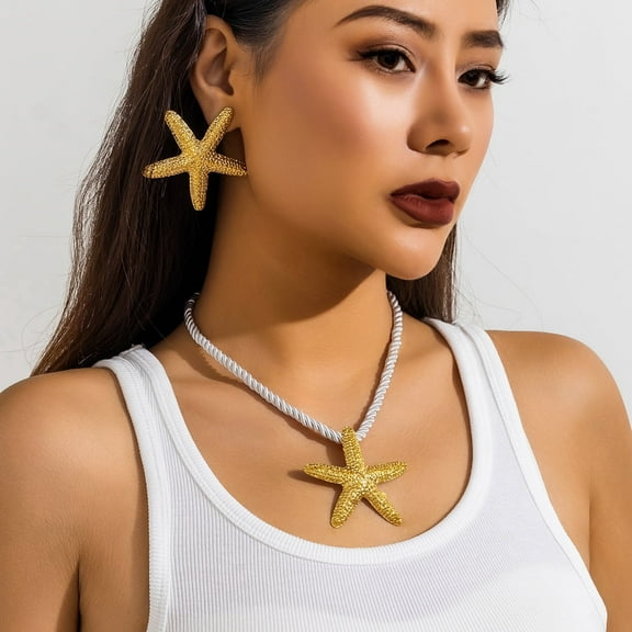 Yoyauz Starfish Necklace Earrings Set Women's Gold Starfish Necklace Beach Necklace Declaration Rope Necklace Starfish Stud Seastar Earrings Starfish Earrings Summer Clothing