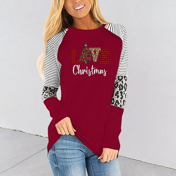 Pntutb Moda Mujer Cuello Redondo Manga Larga Estampado Casual Camiseta Blusa PNTUTB Pntutb-2055