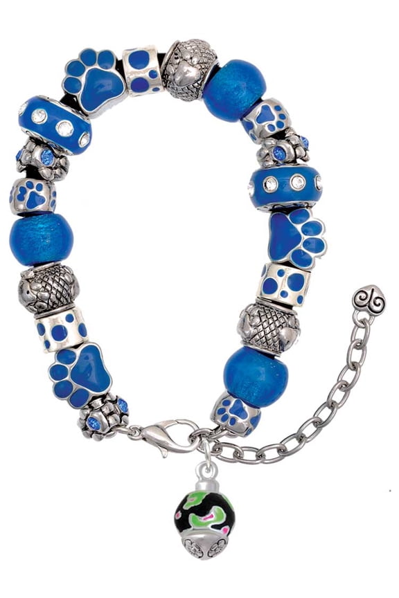 Silvertone Wide Lime Green Cheetah Print Band Spinner Blue Paw Print Bead Bracelet, 7"+2"