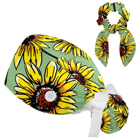 

Working Cap with Buttons and Sweatband Scrub Hat Bouffant Caps with Scrunchie Sunflower Tie Back Hats