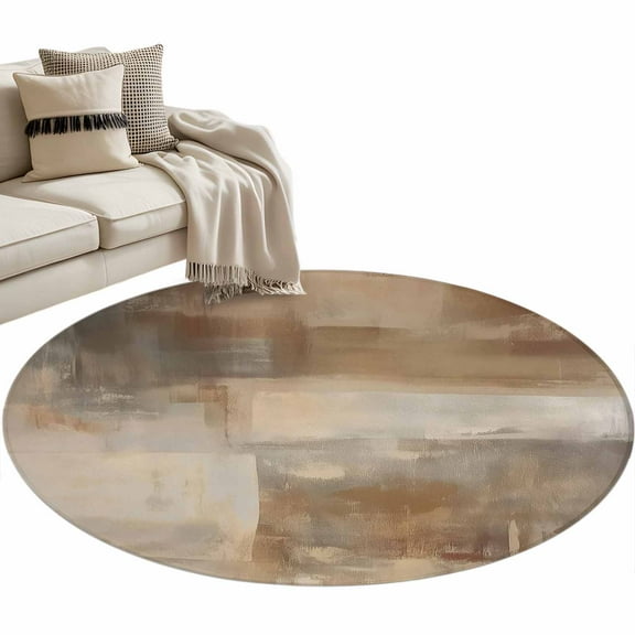Brown Round Area Rug 3 FT, Small Kitchen Bathroom Mat, Oil Painting Abstract Art Contemporary Washable Indoor Outdoor Throw Runner Carpet Non-Shedding Doormat for Table Shower Sofa Entryway