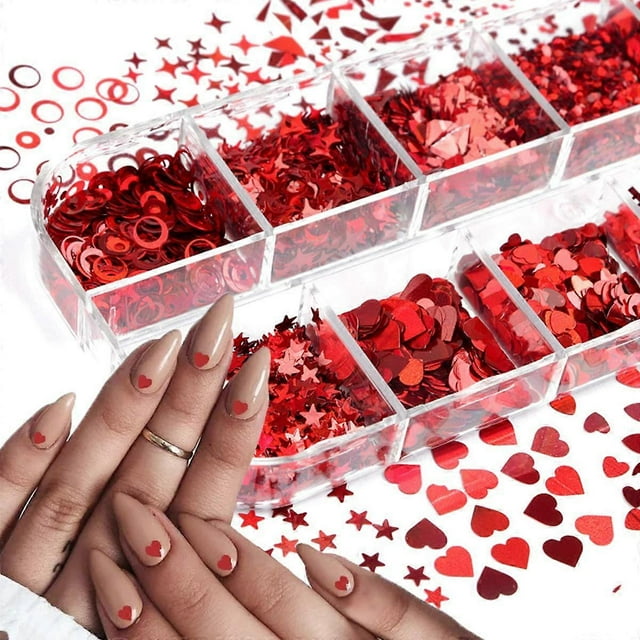Pegatinas holográficas 3D con forma de corazón y lentejuelas brillantes para uñas de San Valentín, con forma de estrella, 12 celdas láser, con forma de corazón y mariposa, para uñas acrílicas.