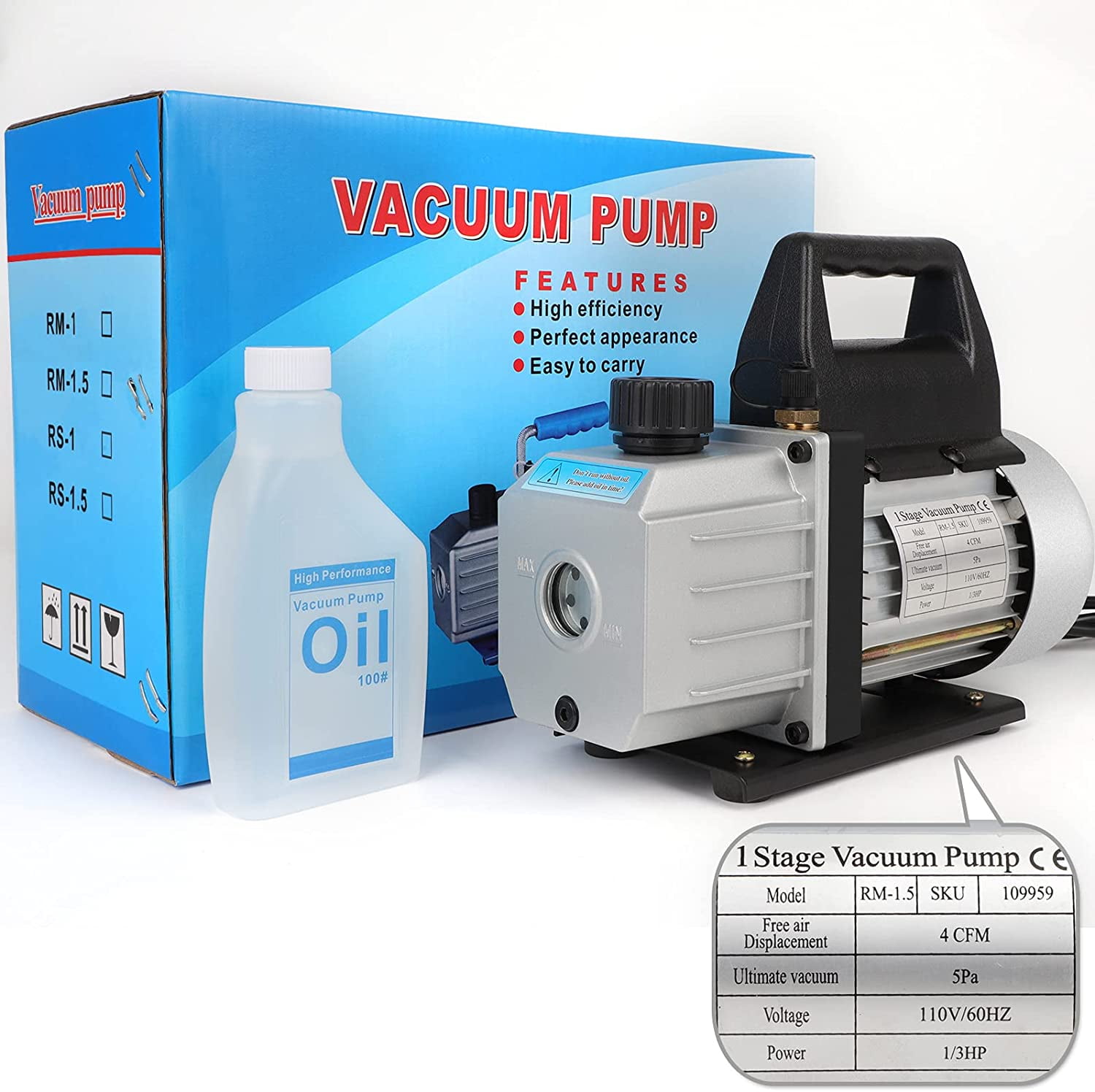 4 CFM Rotary Vane Deep Vacuum Pump 1/3HP Refrigerant 5 PA AC Air Tool 110V 60Hz Wine Degassing or Epoxy Manifold Gauge Milk and Medical Processing Durable and Reliable Pump Single Stage Pump