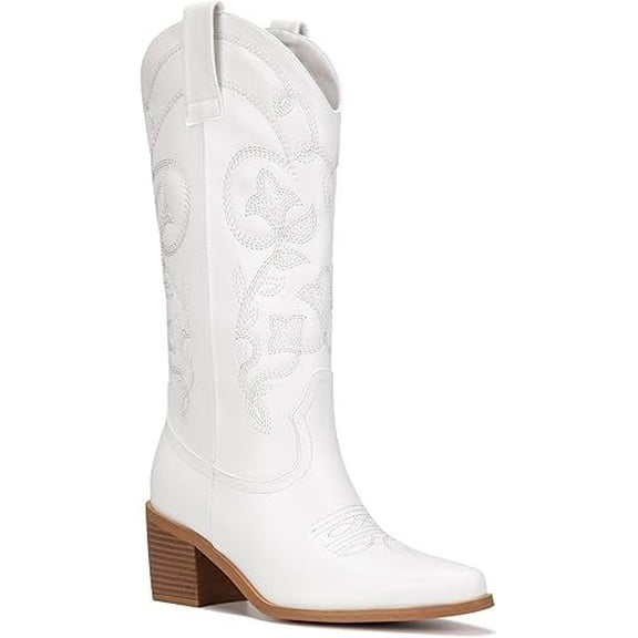 Wide Calf Cowboy Boots for Women Embroidered Cowgirl Boots Mid Calf Women's Western Cowboy Boot Fashion Pointy Toe Cowgirl Boot Pull on