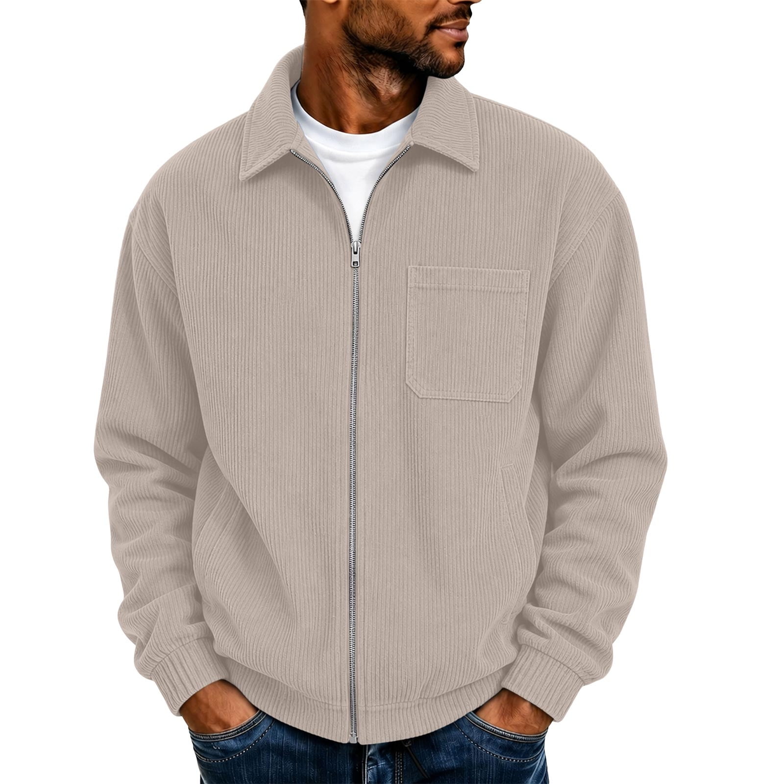 Dpjklzsn Men s Corduroy Zip Up Shirt Jacket Point Collar Long Sleeve Casual Overshirt with Chest Pocket
