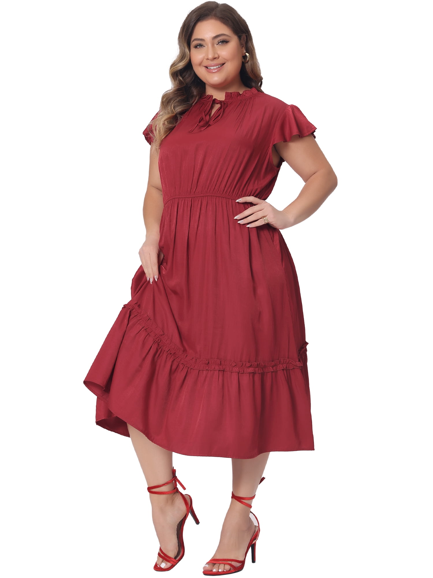 DARING DIVA Women's Plus Size Bow Tie Neck Ruffle Cap Sleeve A Line Midi Dress 3X Red
