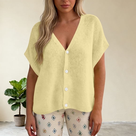 Uootdi Cardigans for Women V Neck Button Front Cap Sleeve Sweaters Loose Fit Soft Comfy Casual Daily Knit Sweaters Gift