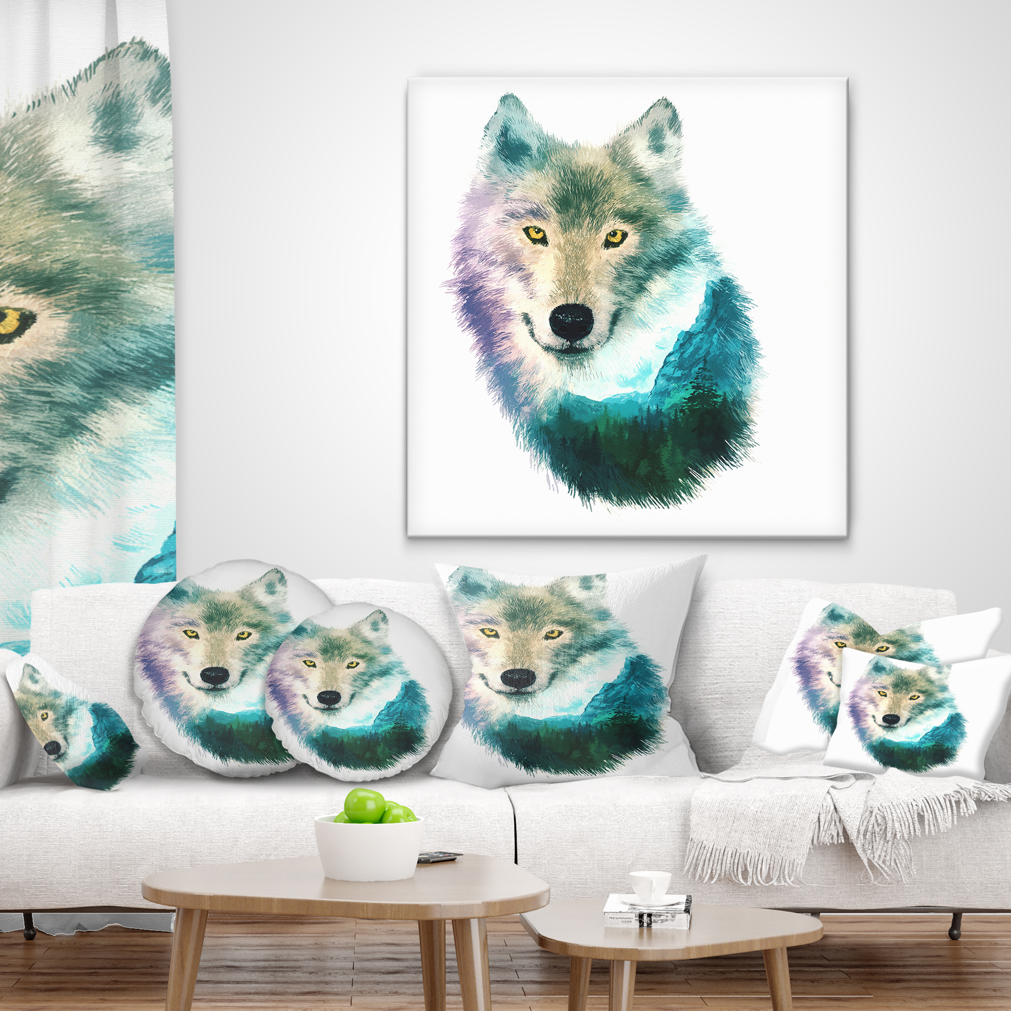 Designart Wolf Head Double Exposure Drawing - Animal Throw Pillow - 18x18