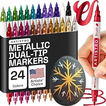 ARTISTRO 24 Metallic Dual-Tip Acrylic Paint Markers - Brush   Fine Tip Combo - Multi-Surface Shiny Paint Pens