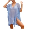 thumbnail image 3 of Tqyyweavej Crochet Cover Ups for Swimwear Women Drawstring Solid Color Short Sleeve Beach Cover Up Free Size Loose V Neck Popular Swimsuits Coverups, 3 of 5