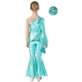 thumbnail image 2 of YONGHS Girls Shiny Metallic One Shoulder Flare Sleeve Wide Leg Bell Bottom Gymnastics Jumpsuit Blue Green-A 14, 2 of 7