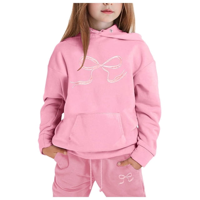 FhsagQ Outfits for Girls Children's Hoodie Set with Bow Print Girl Spring Outfits Size 14 Spring 4-5Years