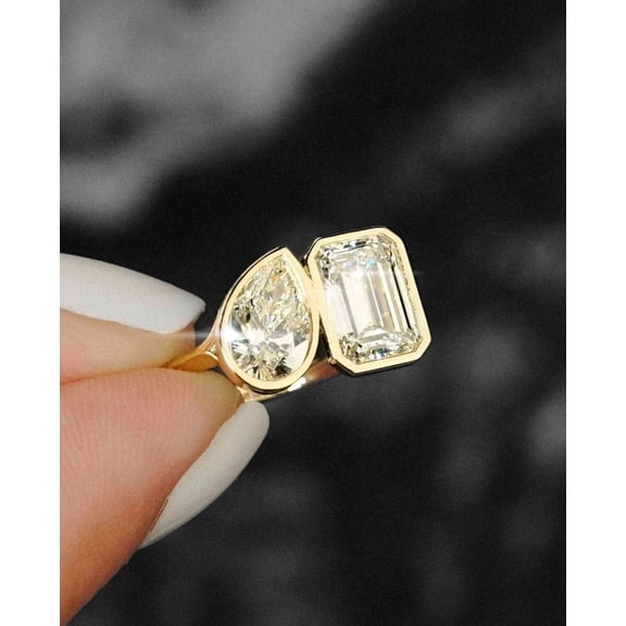 Bezel Set 3 Ct Pear & Emerald Lab Created Diamond Toi Moi Ring 14k Yellow Gold Plated