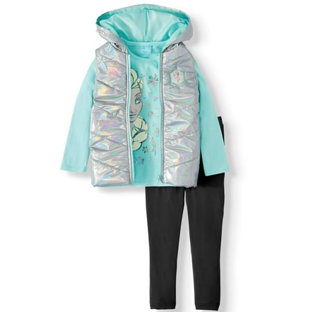 Frozen 2 Toddler Girls’ Puffer Vest, Long Sleeve T-Shirt and Leggings, 3-Piece Set