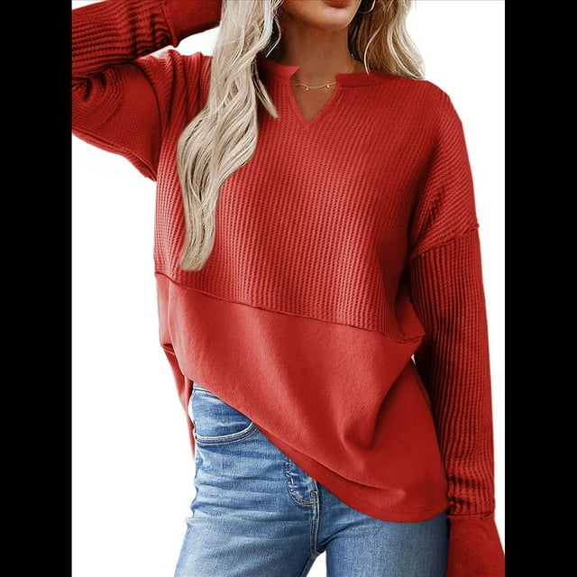Camisetas Henley de Larga con Cuello en V para Mujer, Túnicas de Punto Informales, Conjuntos de Otoño con Abertura para el Pulgar. Rojo XXL