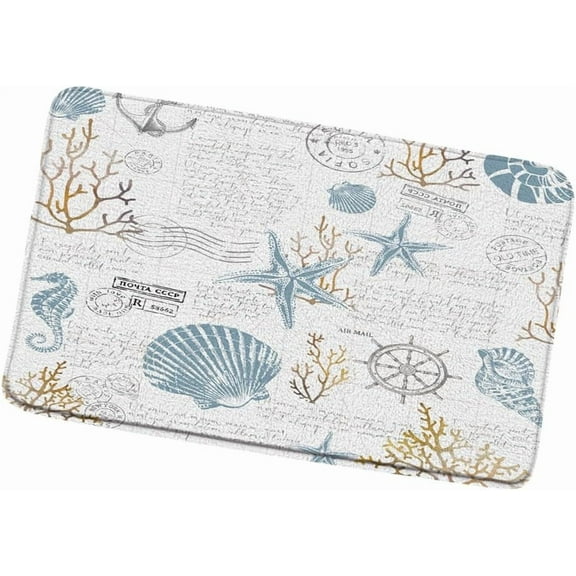 Nautical Coastal Bath Mat Marine Life Seahorse Starfish Seashell Coral Reef Bathroom Rugs Vintage Ocean Beach Themed Non-Slip Carpet Bedroom Kitchen Indoor Floor Decor 17.8x29.5 in