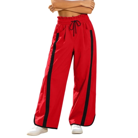 Levmjia Women's Color Block Wide Leg Pants Casual Drawstring Track Pants High Waisted Barrel Trousers with Pockets