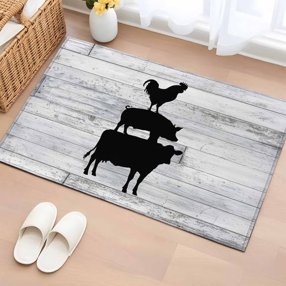 2x3 Ft Entryway Area Rug, Farmhouse Wooden Grain Kitchen Rug Runner Washable Floor Mat, Vintage Country Cow Pig Chicken Grey Non Slip Indoor Door Mat Throw Carpet for Bathroom Living Room Bedroom