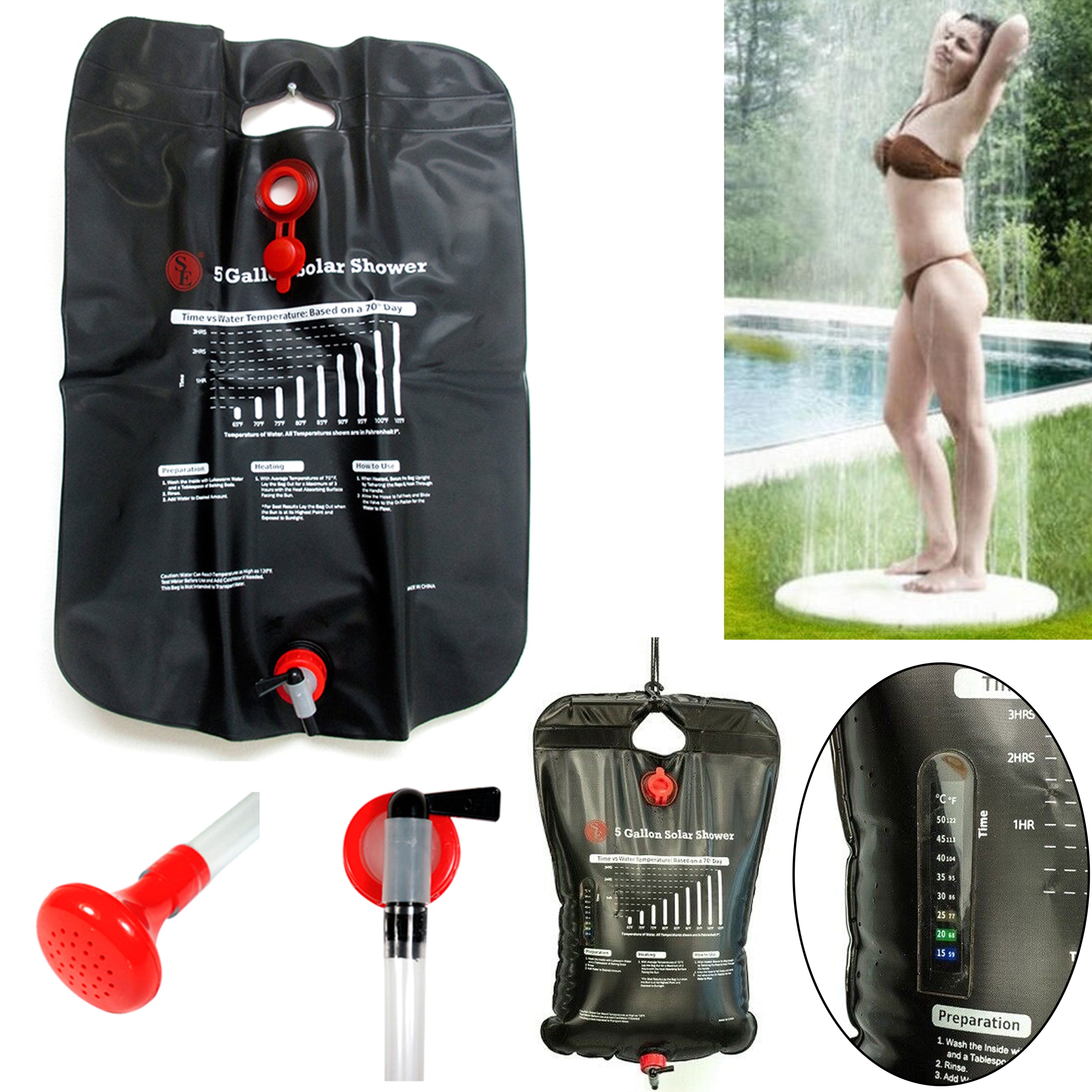 Portable 20L Solar Shower Bag Pump for Outdoor Camping Hiking Travel Heated Bath 