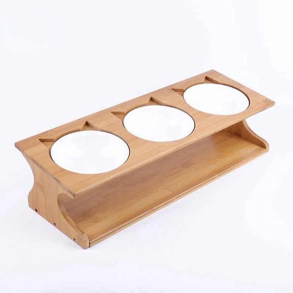 Fairela Elevated Triple Bamboo Pet Feeder with Ceramic Bowls,Raised Food & Water Stand for Cats,Small Dogs