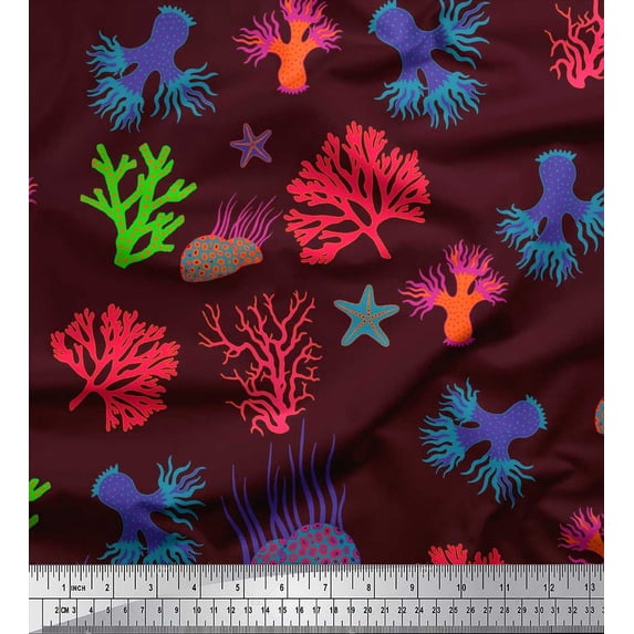 Soimoi Rayon Fabric Coral & Starfish Ocean Decor Fabric Printed Yard 56 Inch Wide