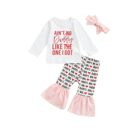 

Nokpsedcb 3Pcs Valentine s Day Outfits Toddlers Infants Baby Girls Letter Print Short Sleeve Round Neck Knotted T-shirt + Flared Pants + Headband White 0-6 Months