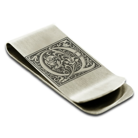 Stainless Steel Letter Q Initial Floral Box Monogram Engraved Engraved Money Clip Credit Card Holder