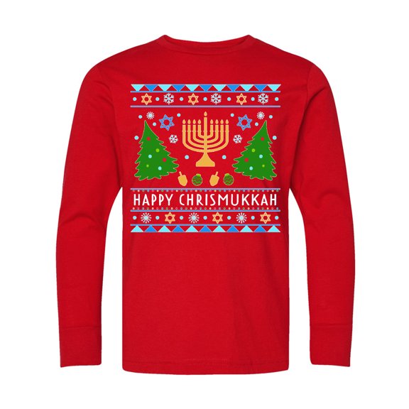 Inktastic Happy Chrismukkah Sweater Style with Menorah and Trees Long Sleeve Youth T-Shirt