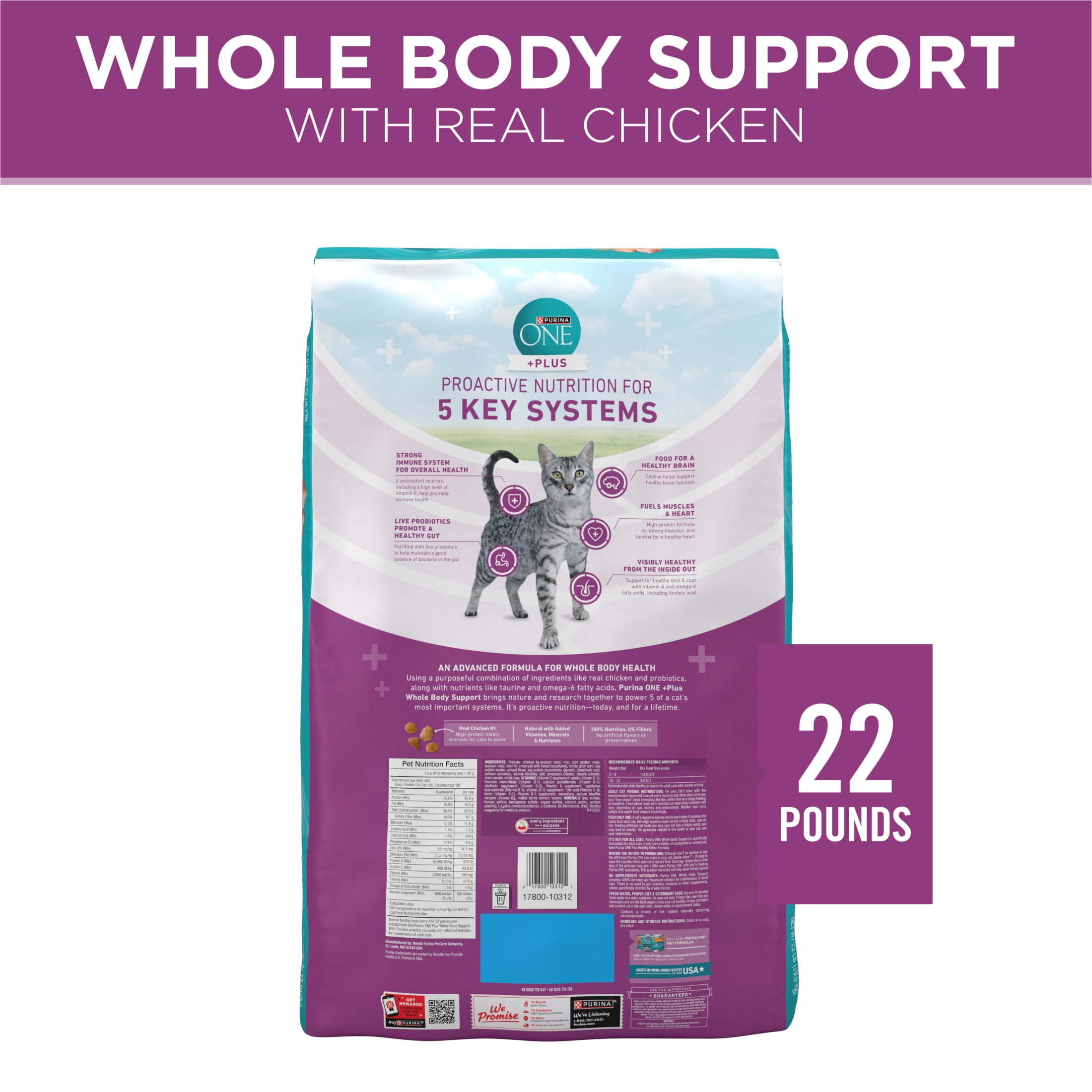 Purina ONE Plus Whole Body Support With Chicken Dry Cat Food, 22 lb.