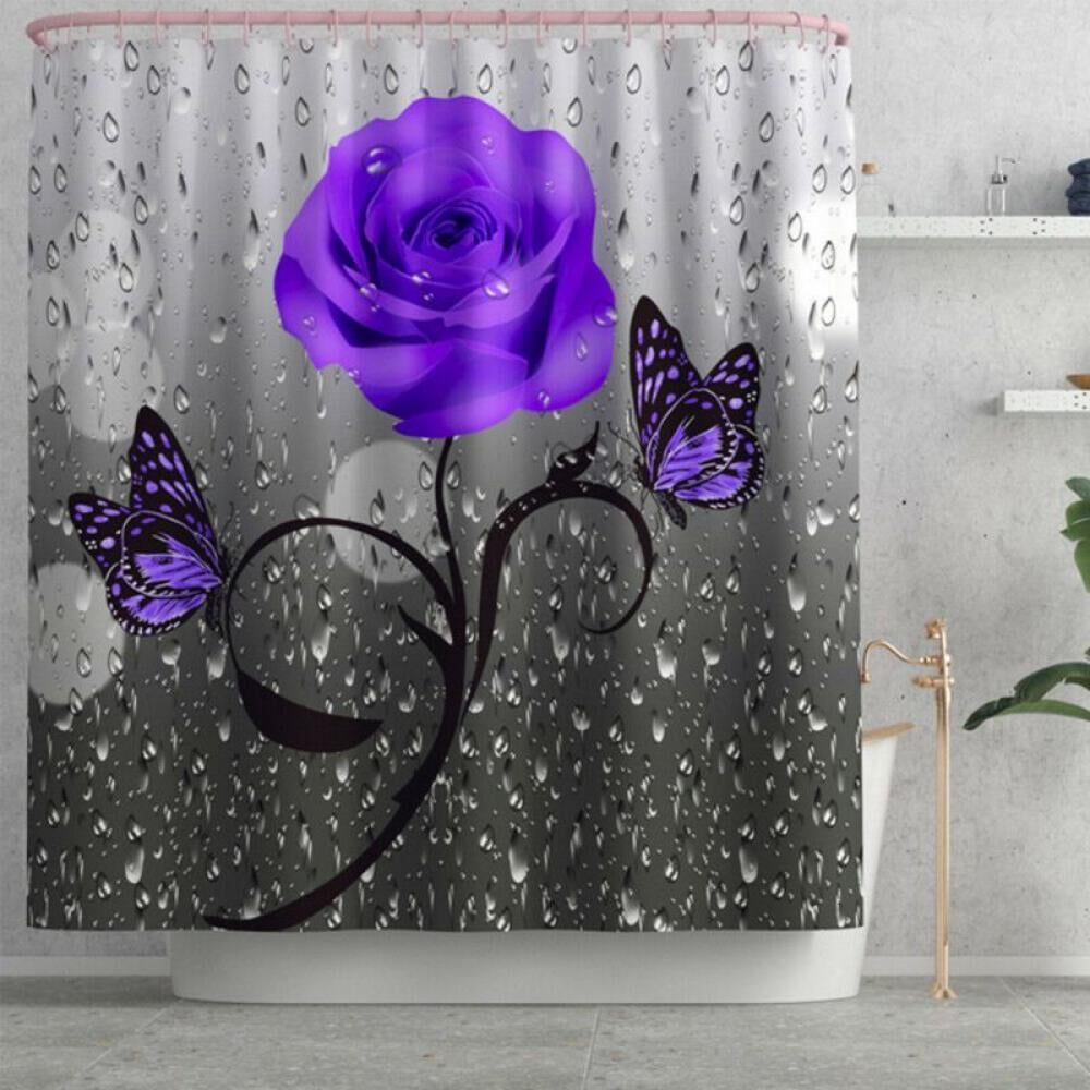 72x72'' Red Flower Rose Shower Curtain Fabric Waterproof Bathroom 12 Hooks 