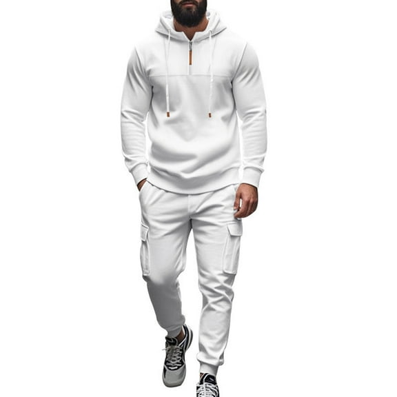 MLQIDK Mens Big and Tall 2 Piece Set Workout Gym Fleece Hoodie and Sweatpants Athletic Sweatsuits Winter Sport Tracksuits Jogging Sweat Suits Lounge Outfit White XL