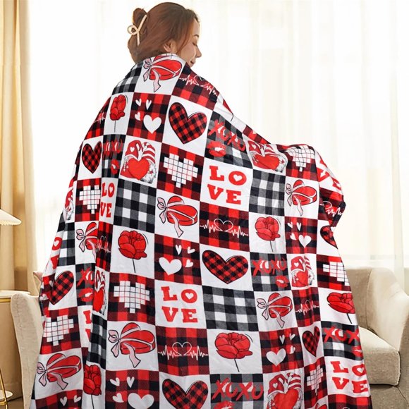 Valentines Day Throw Blanket Gifts for Her Women Girlfriend Wife Buffalo Plaid Gnome Love Valentine Heart Blanket, 60 x 50 Inch