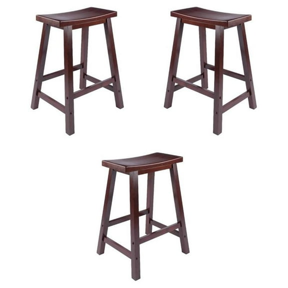 Pemberly Row Solid Wood Saddle Seat Counter Stool in Antique Walnut - Set of 3