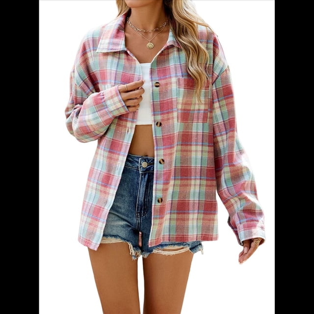 Camisas de Franela con Botones para Mujer, Camisas A Cuadros de Larga, Blusa Informal de Negocios. Rosa XL