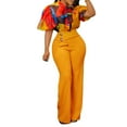 thumbnail image 4 of Wyongtao Women's 2 Piece Outfits V Neck Short Batwing Sleeve Ruched Tie Crop Top Split Flare Pants Printed Lounge Sets Yellow L, 4 of 7