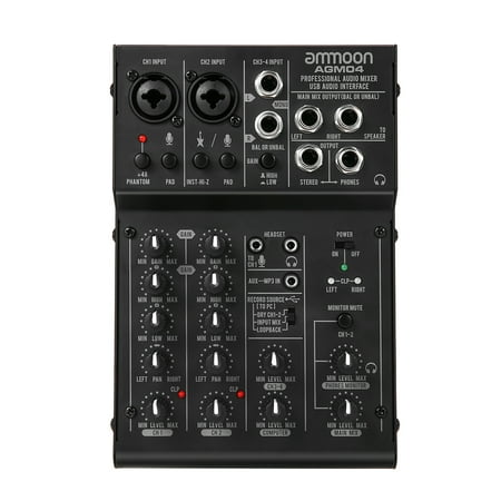 ammoon 4-Channel Mini Mixing Console Digital Audio Mixer 2-band EQ Built-in 48V Phantom Power 5V USB Powered for Home Studio Recording DJ Network Live Broadcast Karaoke (Best Recording Console For Home Studio)