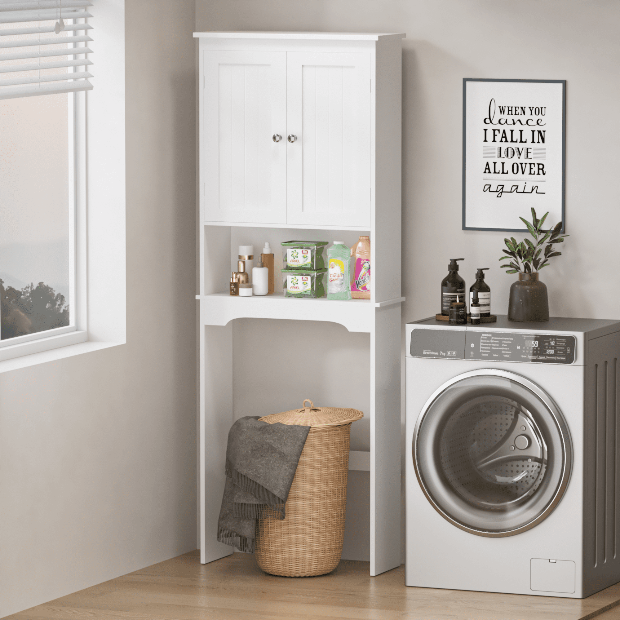 Yoneston Over The Toilet Storage Cabinet with Adjustable Shelves, Wood Bathroom Space Saver with Door, White