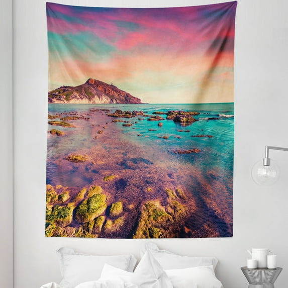 Beach Tapestry, Colorful Spring Season Bay Ocean Aquatic Waters Reef Rocks Sunset Scenery, Fabric Wall Hanging Decor for Bedroom Living Room Dorm, 5 Sizes, Coral and Multicolor, by Ambesonne