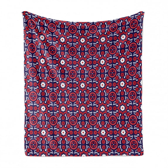 Orient Soft Flannel Fleece Throw Blanket, Moroccan Pattern with Middle Eastern Oriental Effects Old-Fashioned Design, Cozy Plush for Indoor and Outdoor Use, 60" x 80", Indigo Red White, by Ambesonne