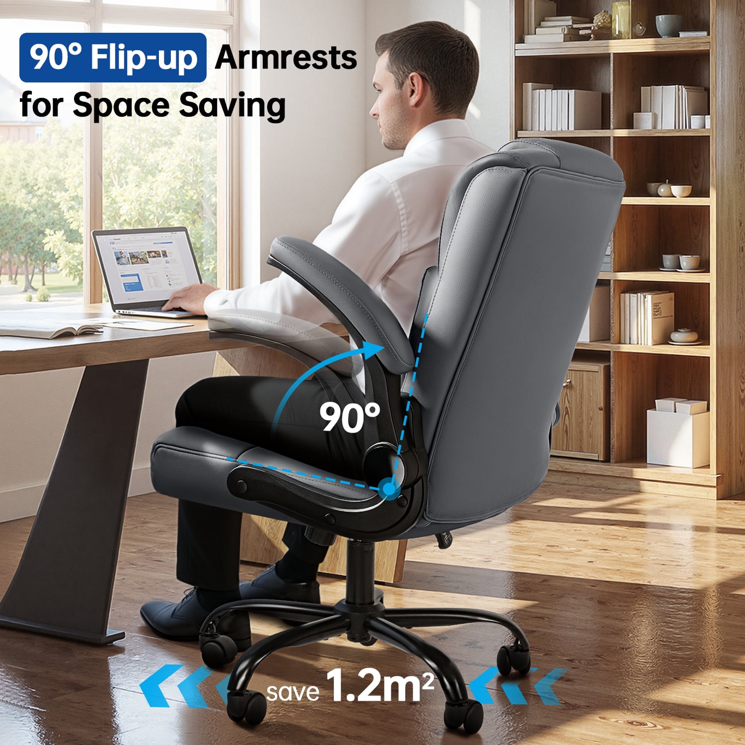 Waleaf Leather Office Chair,Wide Seat Small Computer Desk Chair Ergonomic Mid-Back Executive Chair with Back Support for Short People,Gray