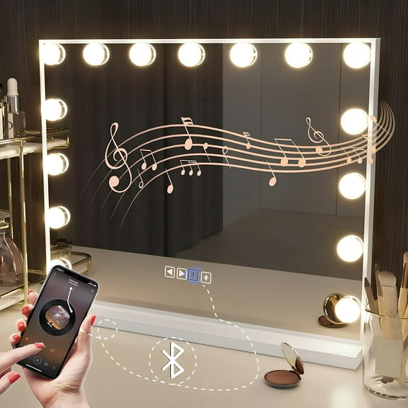 22.8" Hollywood Vanity Mirror with Lights & Bluetooth - 15 LED Dimmable Bulbs, 10X Magnification, 3 Color Modes, Touch Control & USB Charging, Large Lighted Makeup Mirror for Bathroom/Bedroom (White)