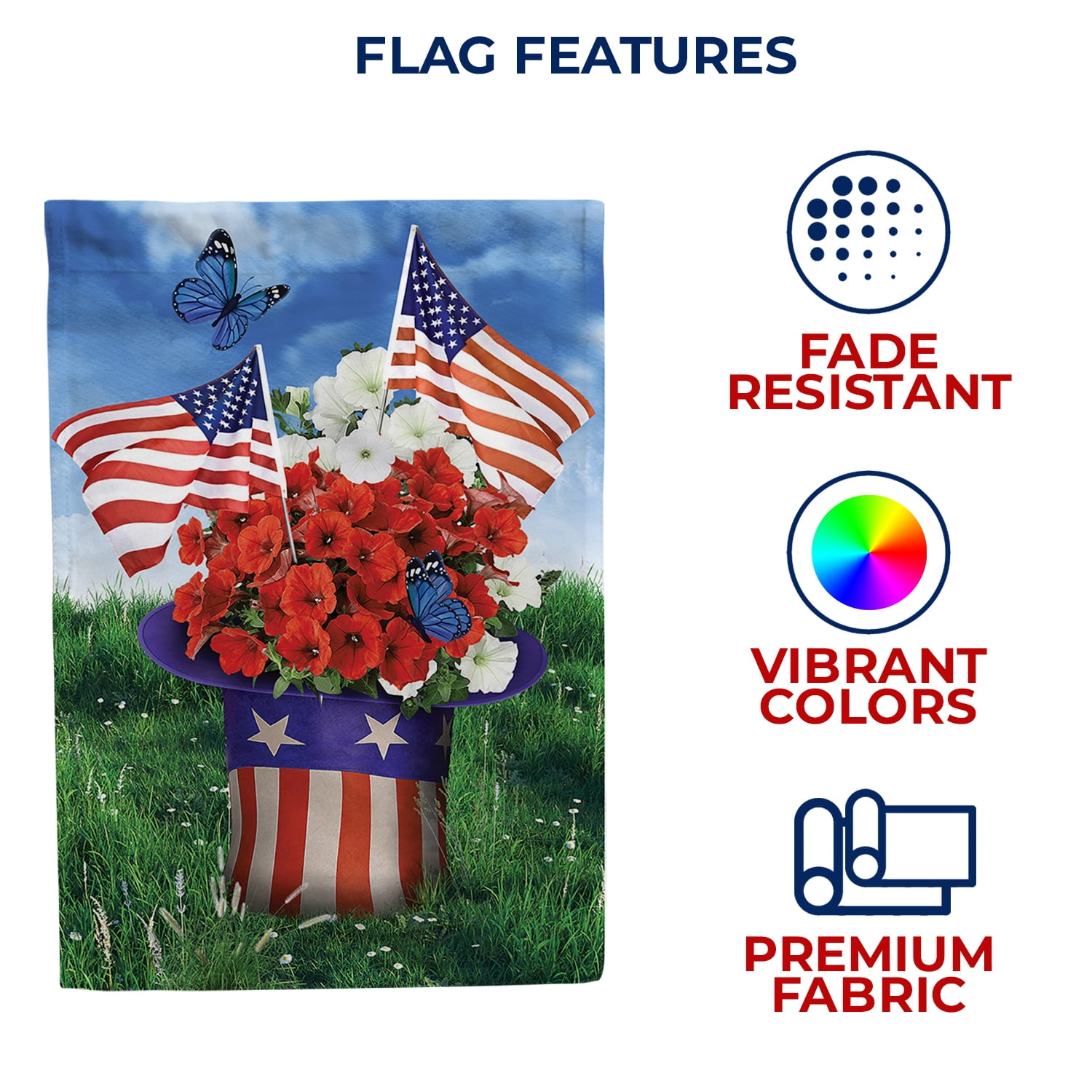 America Forever Uncle Sam's Flower Hat House Flag, 28 x 40 inch Double Sided, Patriotic Banner, Poppies Mini USA Flags Festive Outdoor Decor, 4th July Yard Flag