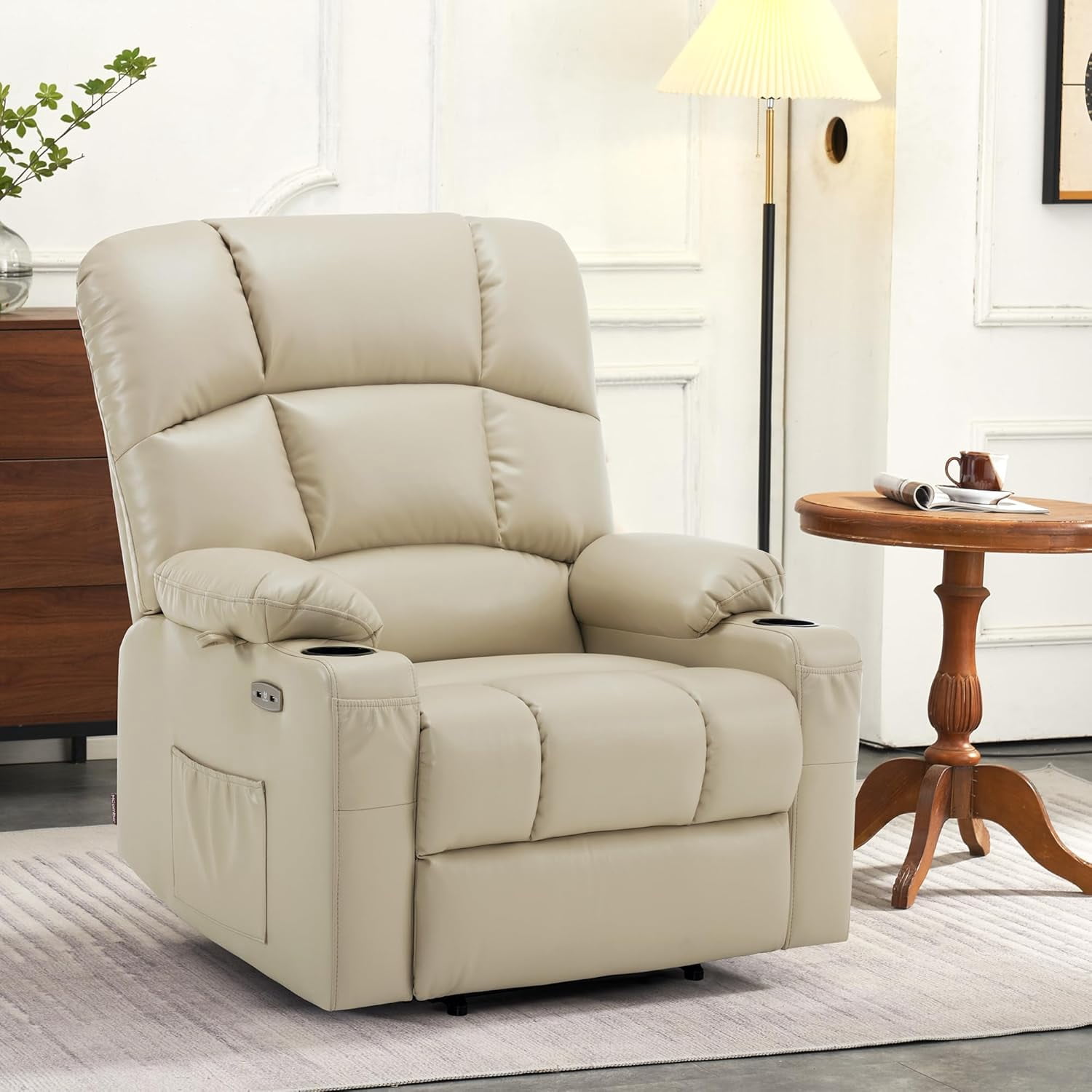 MCombo Large-Wide Lay Flat Dual Motor Power Lift Recliner Chair Sofa with Massage and Heat for Big Elderly People, Infinite Position, Faux Leather R7688 (Beige, Large-Wide)