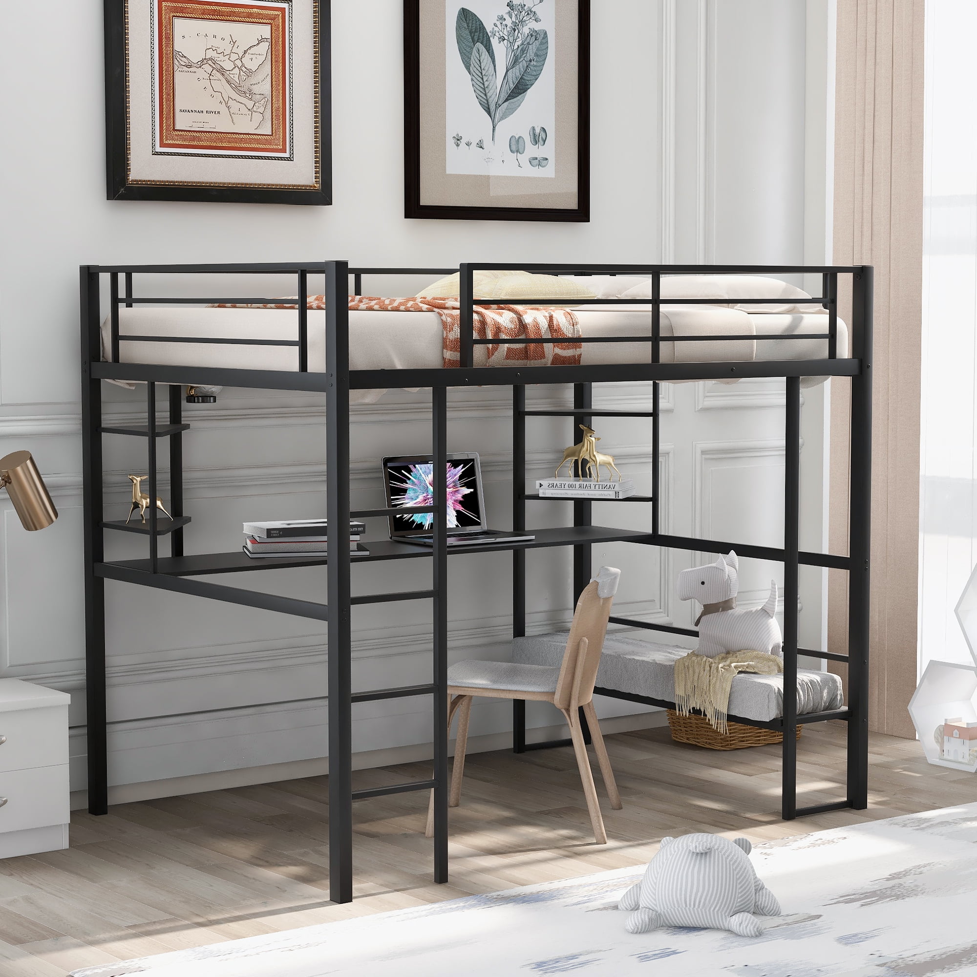 Loft Beds for Kids, Metal Full Size Loft Bed Frame with Long Desk and ...