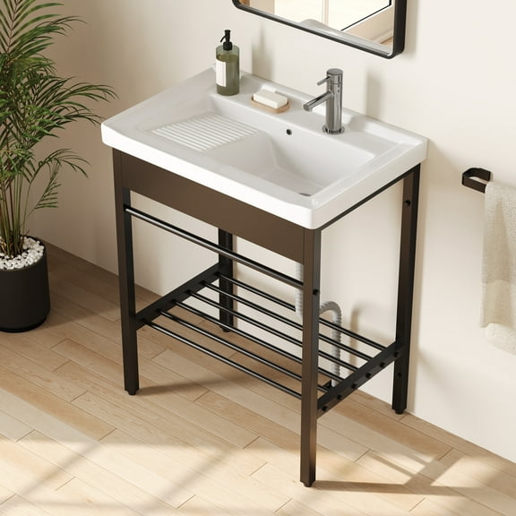 Deervalley 28"W x 34.5"H Freestanding Laundry Sink with Integrated Washboard and Black Metal Frame DV-1CS0388B