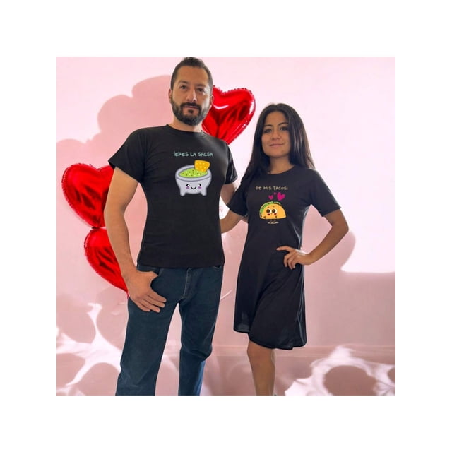 Duo Parejas Con Impresion De Molcajete y Taco Playera y Vestido 14 De Febrero San Valentin Color Negro Talla Grande Marca Emil SaEs