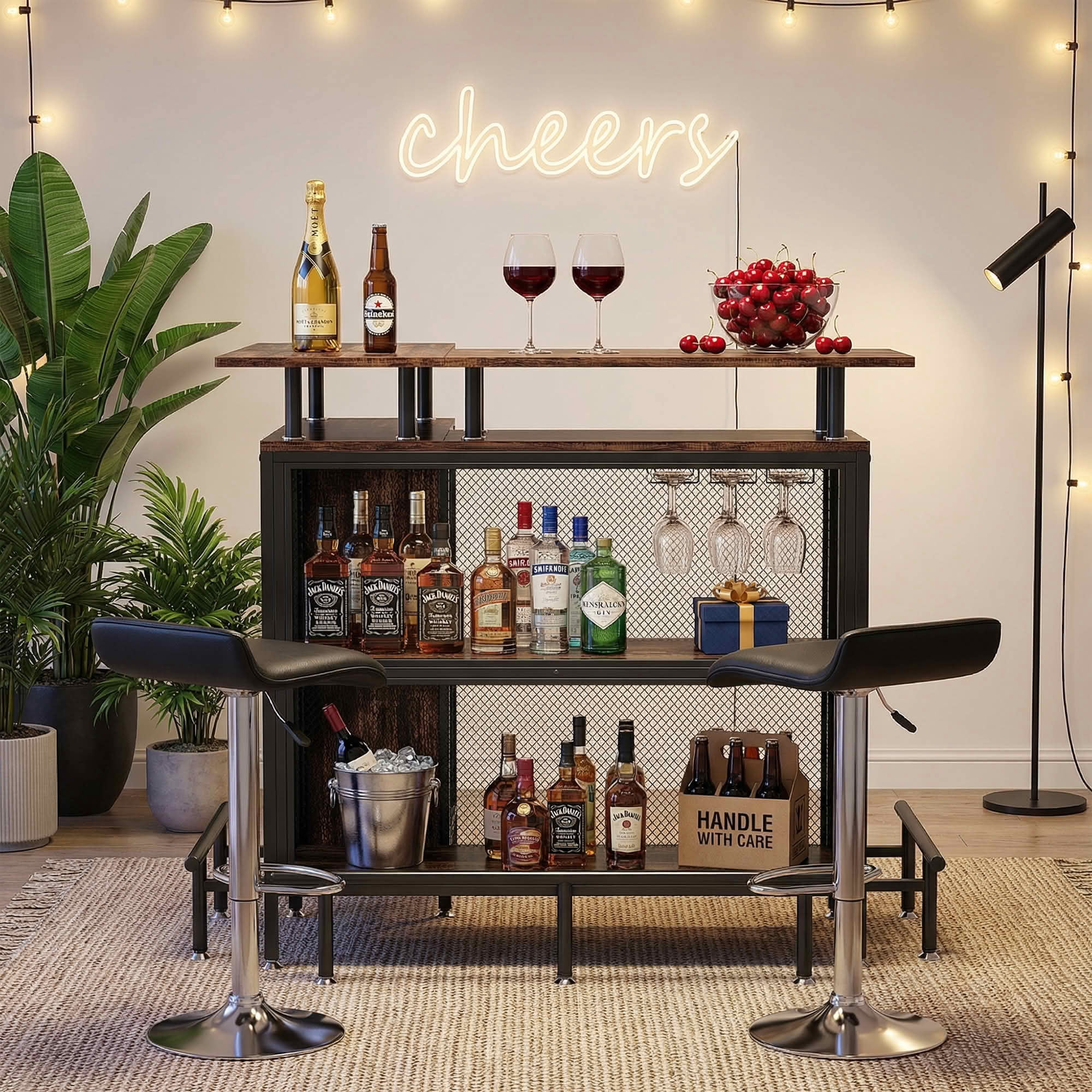 MAYEERTY L Shaped Home Bar Unit, Corner Liquor Bar Table with Glasses Holders and Storage Shelves for Home Entertaining